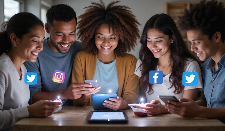 Personas interactuando en redes sociales con el logo de SolaraTranquiluxe