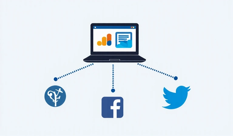 Representación visual de diferentes logos de terceros como Google Analytics, Facebook y Twitter, conectados a un sitio web