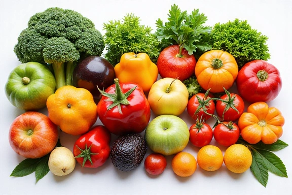 Variedad de frutas y verduras frescas, representando vitaminas y minerales
