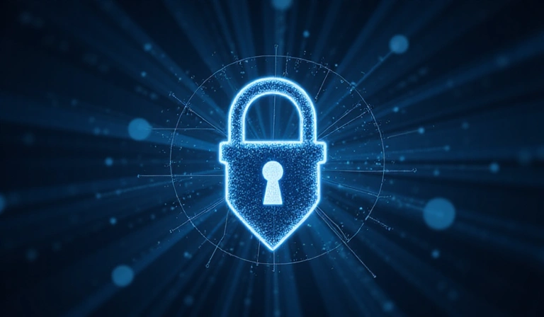 Ilustración de seguridad de datos con un candado digital y escudos protectores.