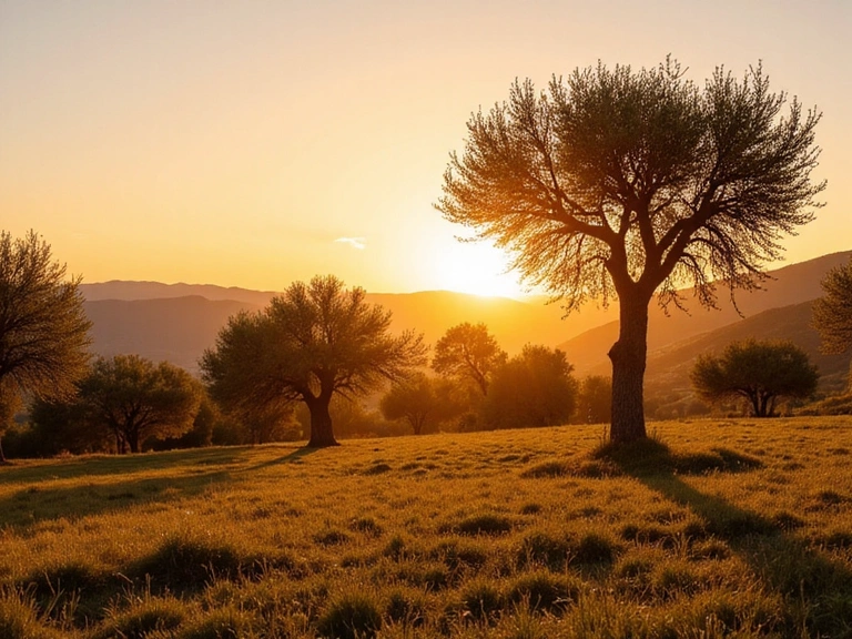 Paisaje andaluz soleado con olivos al atardecer, transmitiendo paz y bienestar natural.
